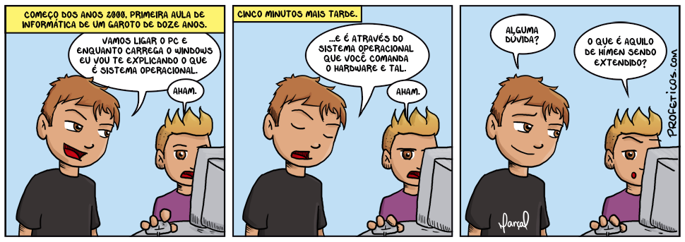 Windows sistema operacional informática lançamento aula tirinha