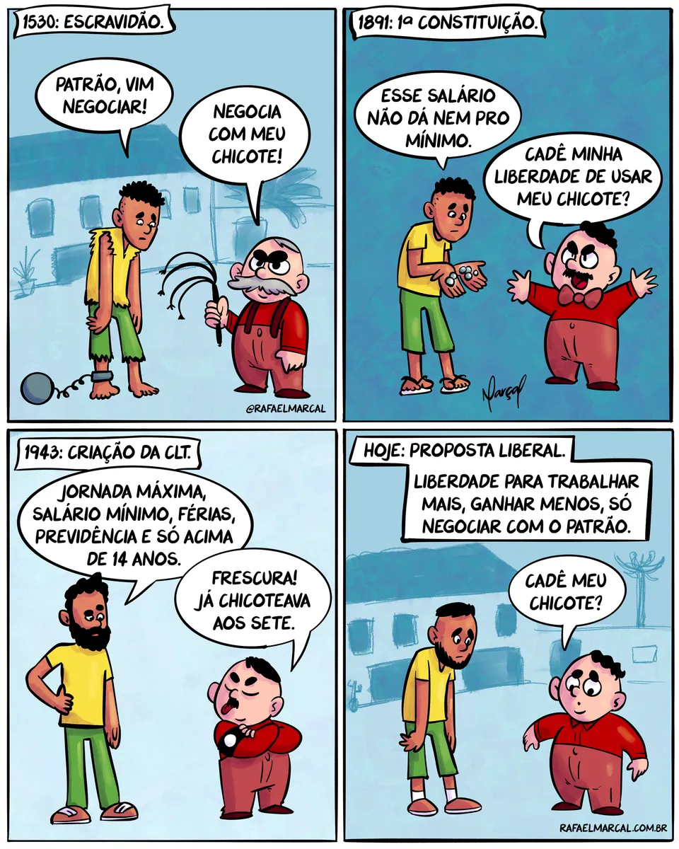 Tirinha sobre a liberdade de negociação do trabalhador com o patrão ao passar dos anos