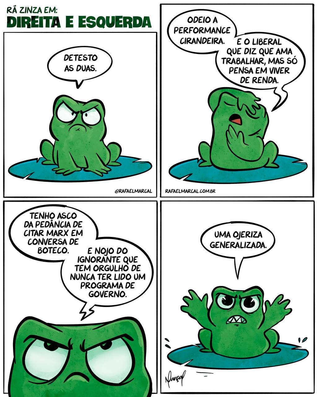 Tirinha da Rã Zinza sobre a esquerda e a direita na política do Brasil.
