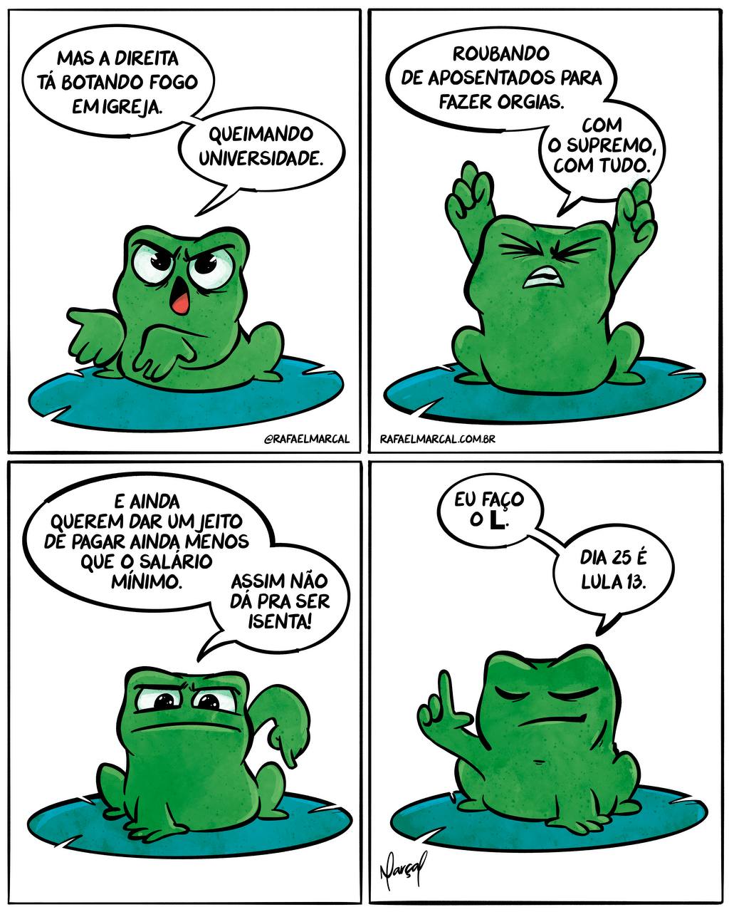 Tirinha da Rã Zinza sobre a esquerda e a direita na política do Brasil.