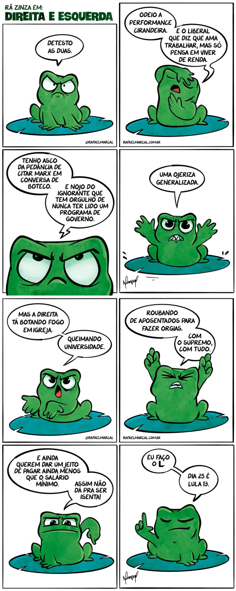 Tirinha da Rã Zinza sobre a esquerda e a direita na política do Brasil.